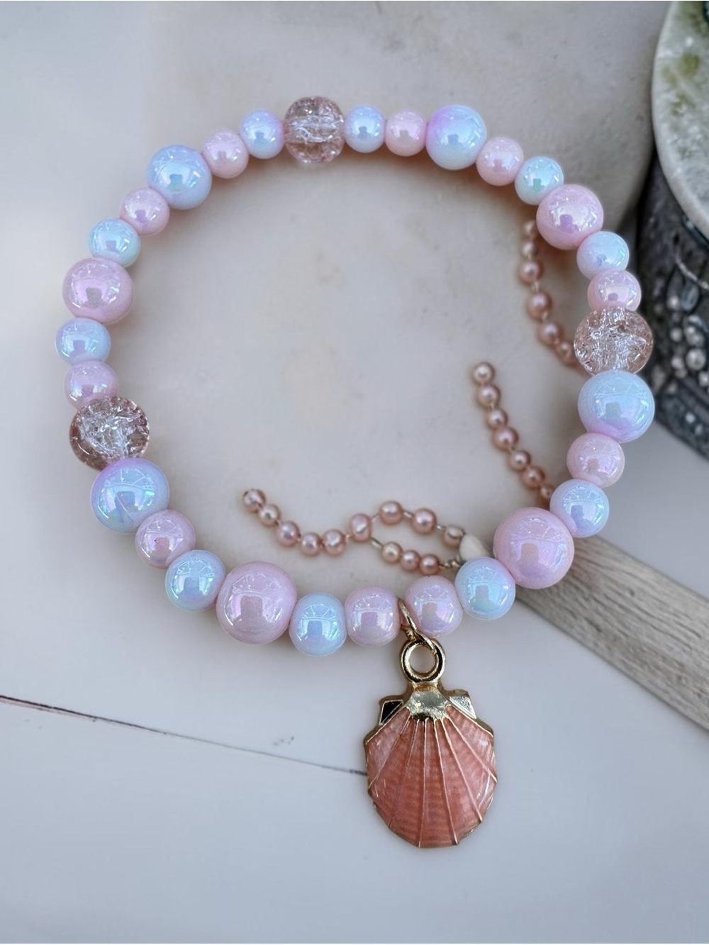 Handmade Pink Iridescent Beaded Bracelet with Shell Charm